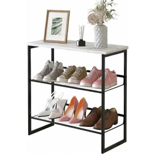 Garden 4 you Shoe Rack for Entryway 3 Tiers 11.8" D x 25" W x 20" H, Metal Shoe Rocks with White Wooden Tabletop, Angled Shoes Rack with Adjustable Mesh Shelves for Entryway Hallway Closet