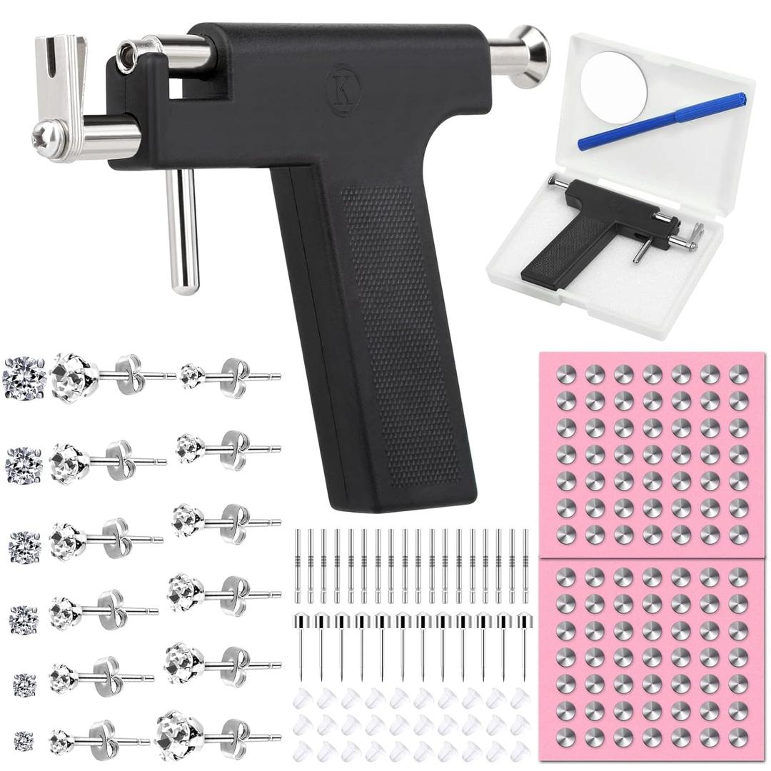 Professional Ear Piercing Gun Kit, Reusable Piercing Gun with Stainless Steel Piercing Earrings Studs, Crystal Earrings for At Home Salon Earlobe Cartilage Helix Tragus Piercing Tool Kit (Black)