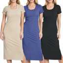 Real Essentials 3 Pack: Women's Ribbed Jersey Crew Neck Short Sleeve Midi Length Dress with Side Slit, Small