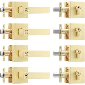 Leydebong 4 Pack Front Door Handle and Deadbolt Set Heavy Duty Entrance Lever Door Handle for Office and Front Door Gold Deadbolt and Door Knob Set Single Cylinder Deadbolt Lockset Keyed Alike (Satin Brass)
