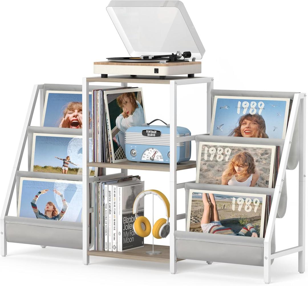 Record Player Stand with Vinyl Storage, Record Player Table with Record Storage 200 Albums, Turntable Stand with Record Holder Vinyl Display Shelf, Record Cabinet Media Stereo (Two-side storage-White&Grey)