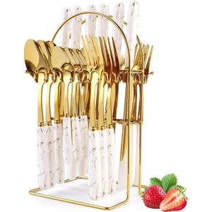 24 Pieces Flatware Set, Stainless Steel Cutlery Set with Silverware Holder, Modern Gold Silverware Set Includes Dinner Knives Forks Spoons,Hanging Silverware Set Service for 6 (White Gold)