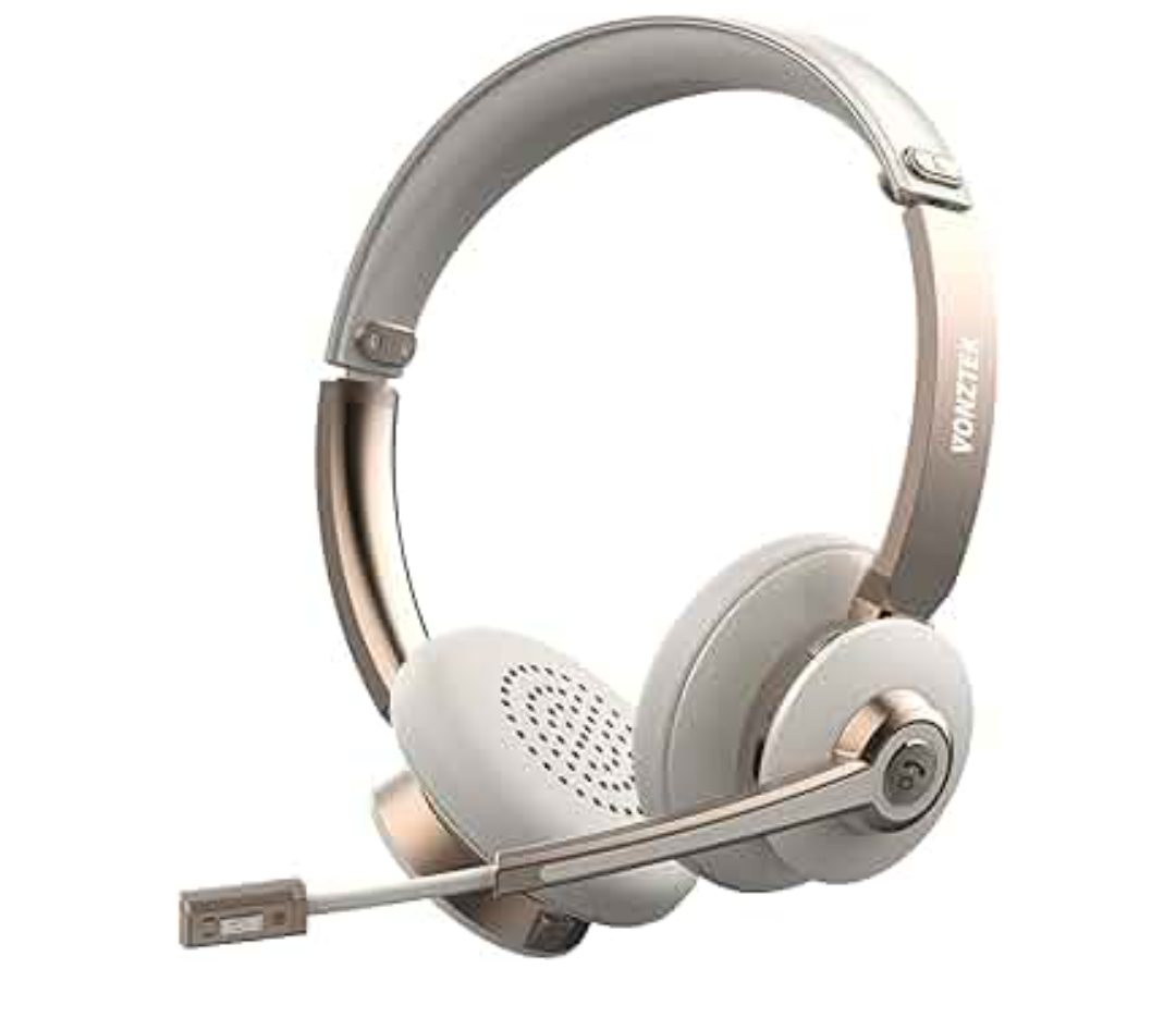 Bluetooth Headset with Microphone, Wireless Headphones with Noise Cancelling Mic, 26hrs talktime, On Ear Headphones with Mic Mute for Mac/Laptop/Zoom/Teams/Call Center/Office/Home Gold