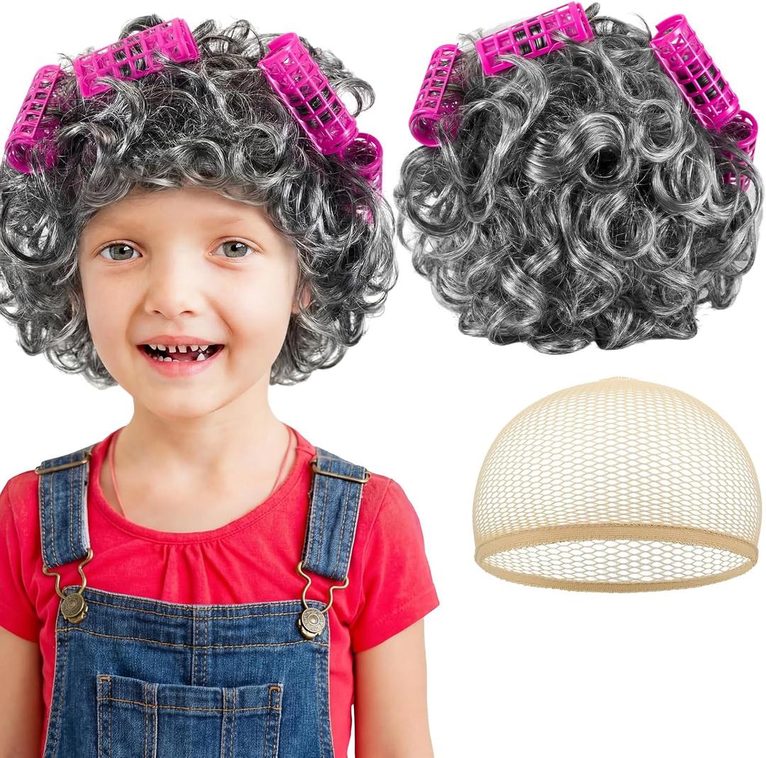 Old Lady Wig Costume for Women Grandma Granny Costume Wig for 100 Days of School Halloween Cosplay (Gray)