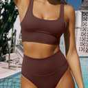 ANRABESS Women's High Waisted Bikini Sets Two Piece Tummy Control Swimsuits High Cut Summer Beach Vacation Bathing Suits (Brown, S)