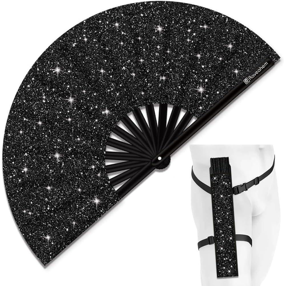Glitter Large Rave Folding Clack Hand Fan with Holster, Boots on the Ground Popping Handheld Fan Foldable for Men Women for EDM Festival Club Party Dance, (Black, Large 13") (33cm Closed | 63cm Open (13" Closed | 24.5" Open))