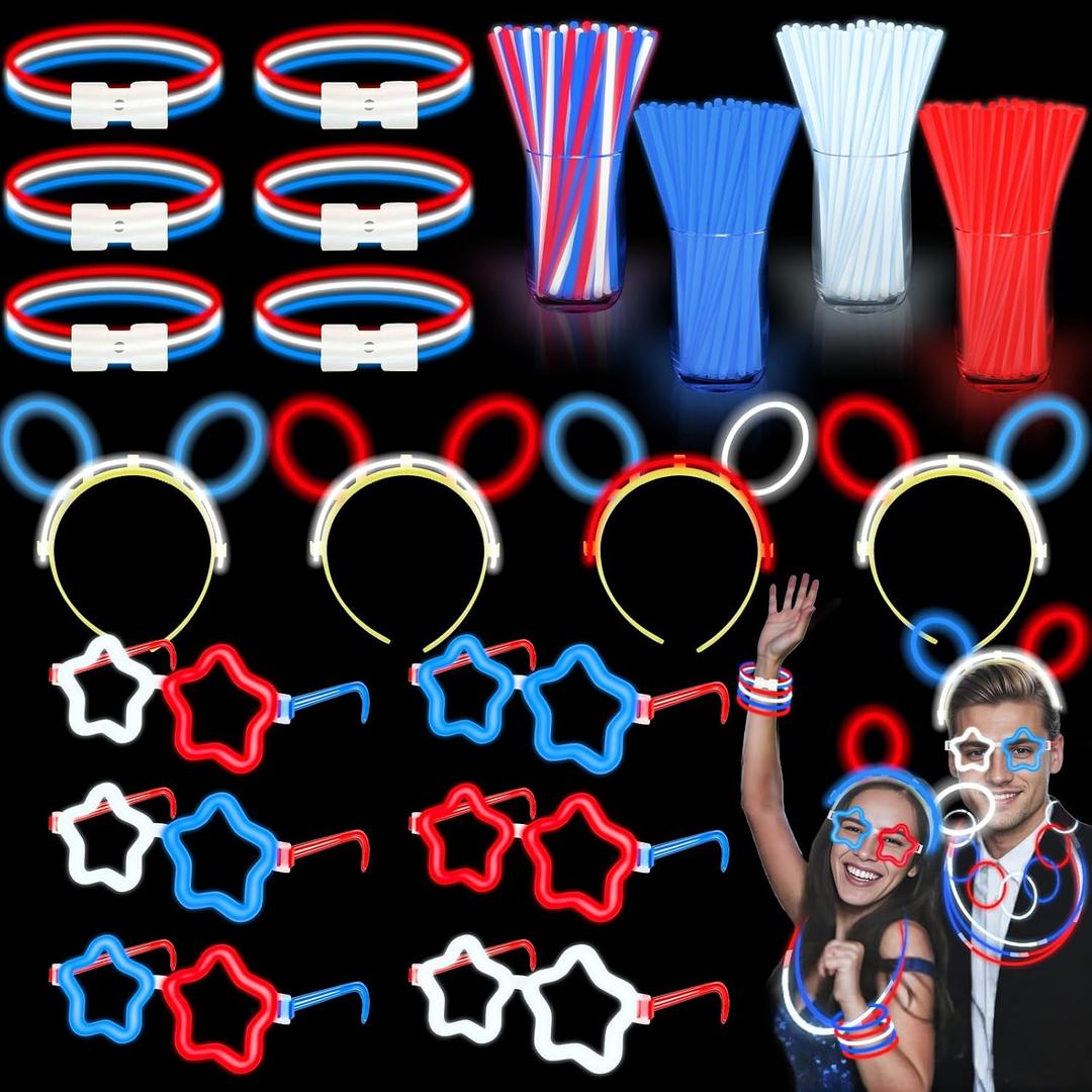 180 Pcs 250th Anniversary 4th of July Light Up Party Favors,12 Red White Blue Star Glasses 6 Headbands 12 Bracelets 150 Patriotic Glow Sticks Bulk with Connectors Glow in the Dark Party Supplies