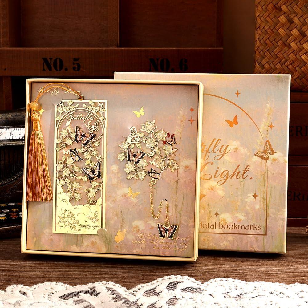 2pcs Bookmark Butterfly Flower Theme Pretty Book Marks Set with Bookmarks for Women, Cute Book Markers for Writers, Kids, Teens, Men Readers, Reading Accessories Gifts for Book Lovers (Yellow)