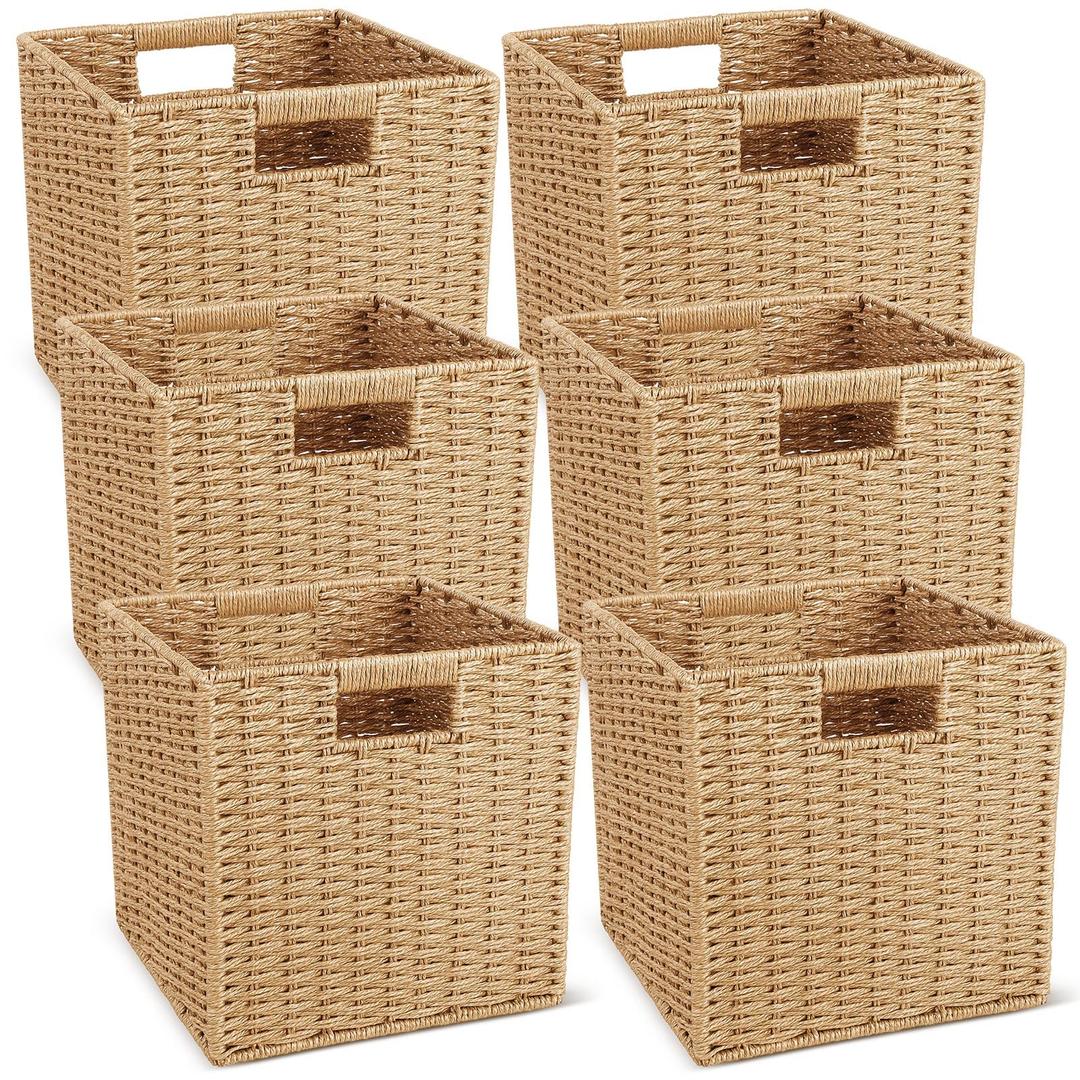 Newtay 6 Pcs Wicker Storage Baskets 11 x 11 in Cube Storage Bin Organizer Camel Square Foldable Wicker Baskets for Shelves Organizing Decor Laundry Pantry Toys