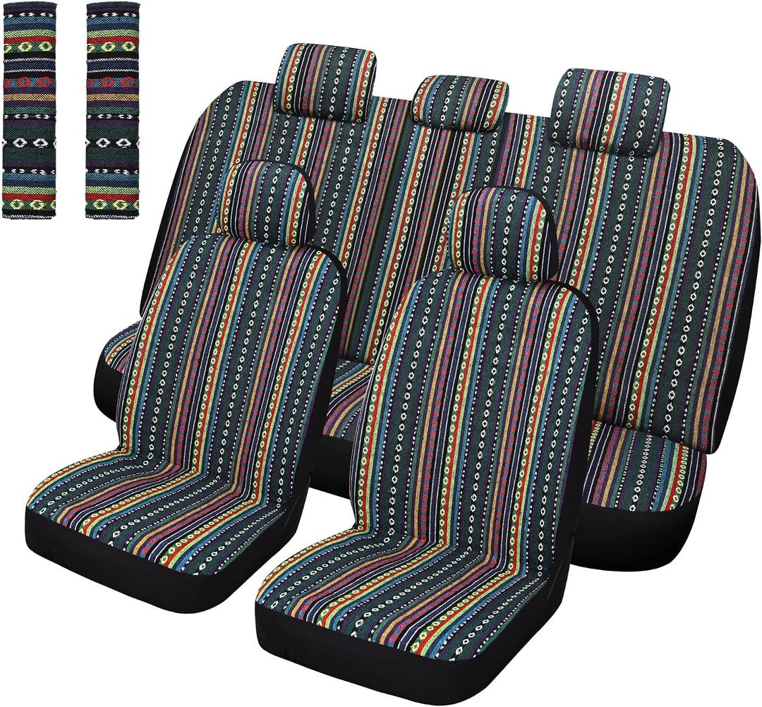 Pariitadin Baja Saddle Blanket Car Seat Covers Full Set with Seat Belt Pads, Washable Breathable Striped Woven Cloth Seat Covers for Cars Interior, Universal Fit Most Cars, Airbag Compatible, Red/Blue