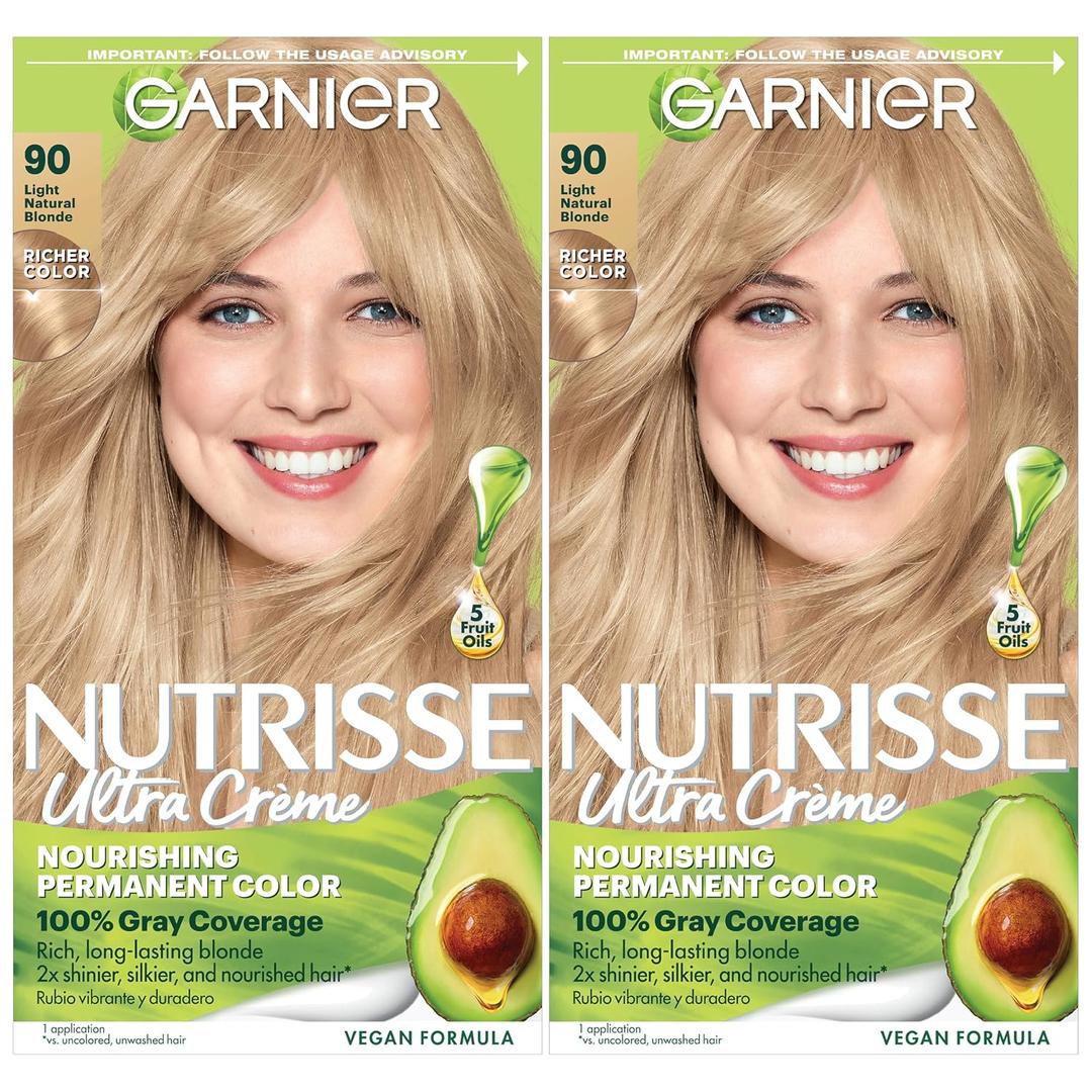 Garnier Nutrisse Ultra Crme Hair Color, Permanent Hair Dye with 100% Gray Coverage, Vegan & Cruelty-Free, 90 Light Natural Blonde (Macadamia), 2 Count