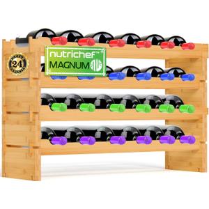 NutriChef Bamboo Modular Wine Rack for Magnum Size Wine Bottles (4 Diameter) - 24 Bottle 4-Tier 2 Cross Compatible Stackable Wine Rack Systems