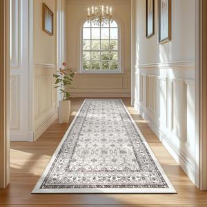 jinchan Hallway Runner Rug 3x10 - Machine Washable Beige Vintage Floral Distressed Design Soft Non-Slip Low-Pile Ultra-Thin Runner Rug for Kitchen Laundry Room Bedroom Farmhouse (3x10', Beige)