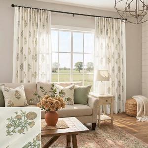 French Country Floral Linen Curtains for Living Room Dining Room, 84 Inch Neutral Farmhouse Pinch Pleated Drapes, Light Filtering Sheer Block Print Vintage Botanical Patterned Curtain for Bedroom