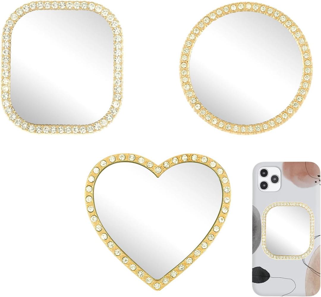 Lusofie 3Pcs Phone Mirror Stick on, Bling Rhinestone Phone Case Mirror with Gold Zinc Alloy Frame, Heart/Circle/Square Slim Pasteable Mini Makeup Mirrors for All Phones Case Decoration