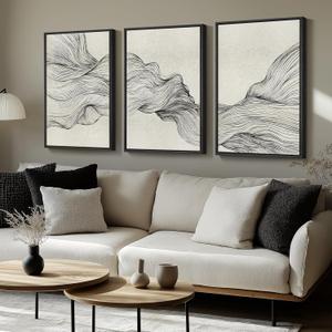 Framed Black and Beige Abstract Wall Art, 3 Piece Modern Canvas Prints Paintings Artwork for Walls, Minimalist Abstract Line Pictures for Living Room Dining Room Bedroom Office Wall Decor 16x24 In (Flowing)