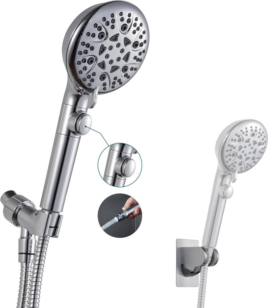 GwernKB Handheld Shower Head with On Off Switch 8-Mode High Pressure Showerhead with 79 Inches Extra-long Stainless Steel Hose and Bracket PLUS Extra Low-Reach Adhesive Wall Mount for Kids,Silver