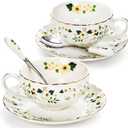 Lyellfe Set of 2 Tea Cup and Saucers, 6 Oz Floral Tea Cups with Spoon Gold Trim, Porcelain Bone China British Coffee Cappuccino Espresso Latte Mugs for Party Birthday Wedding Gifts (White)