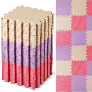 Nuanchu 60 PCS Kids Foam Puzzle Floor Mat Bulk - Solid Color Foam Play Mat with Borders Interlocking Multi Use Floor Rug for Children, 12 Inch(Pink, Beige, Purple)