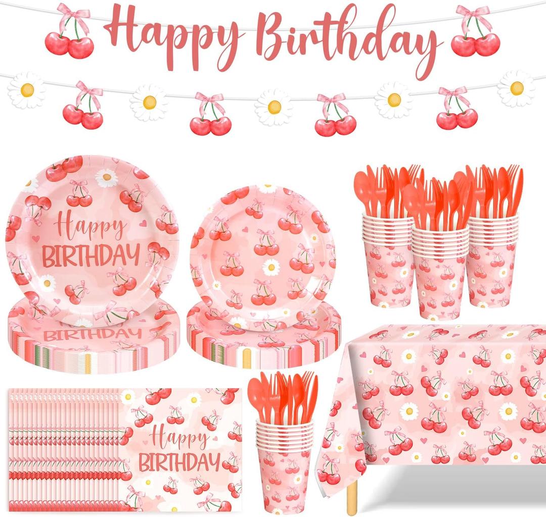 170 PCS Cherry Birthday Party Supplies Serves with 24 Includes Plates and Napkins,Banners,Cups and Tablecloth, Birthday Decorations(Cherry)