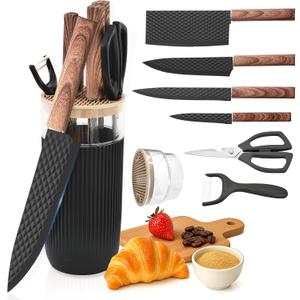 Knife Set, 7-Piece Kitchen Knife Set with Sharp Chef and Meat Knives, Anti-Rust Utility Knives Set for Kitchen, Kitchen Knife Block Set  Black