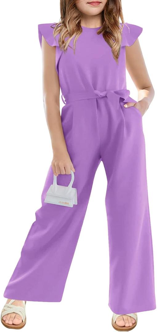 Haloumoning Girls Jumpsuit Kids Fashion Cap Sleeve Belted Wide Leg Romper One Piece Summer Outfits (7-8 Years, Purple)