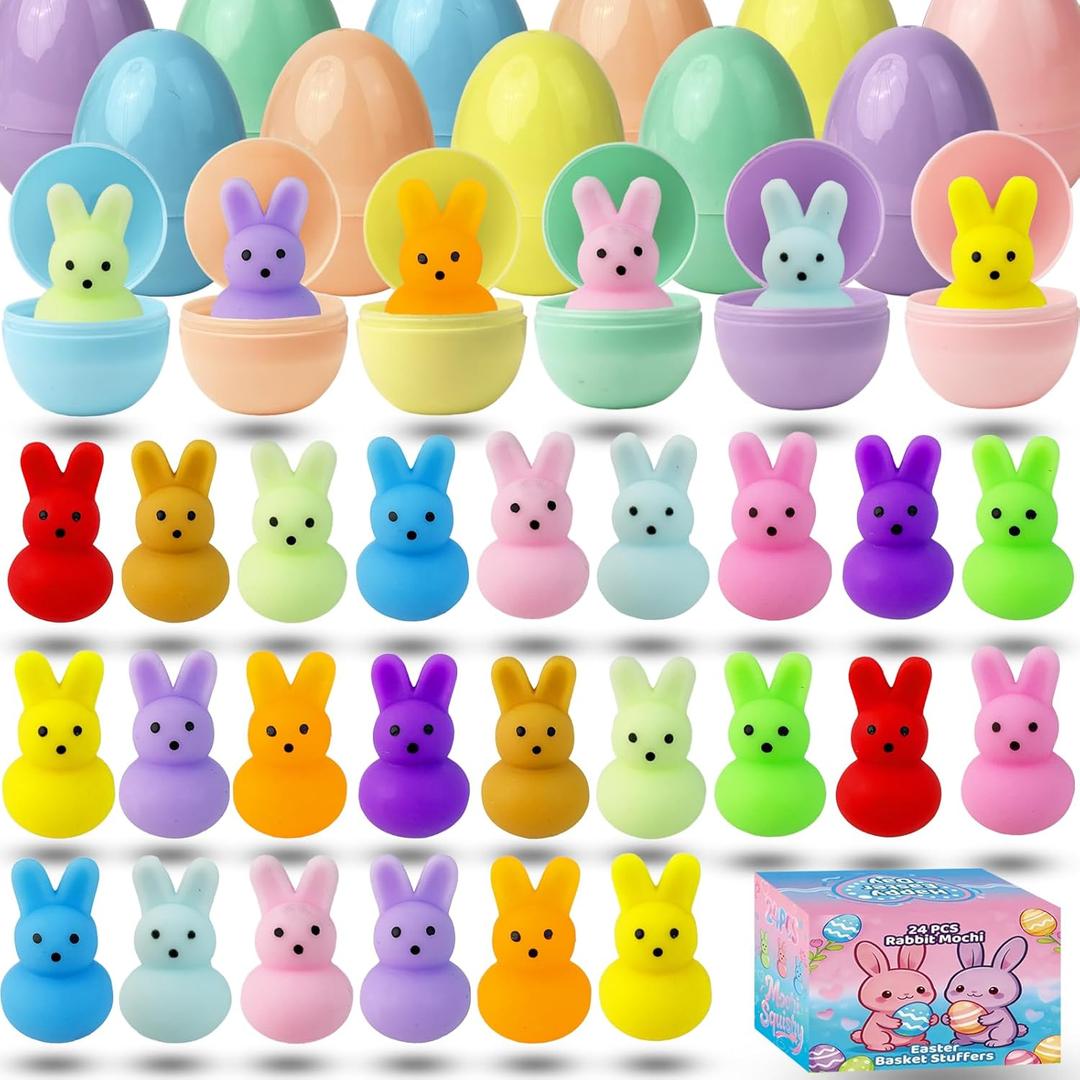 24 Pack Prefilled Easter Eggs with Bunny Mochi Squishy Toys, Filled Easter Eggs for Kids, Easter Basket Stuffers, Squishy Toy Eggs, Party Favors, Birthday Gift, Classroom Exchange (Pink & Blue)