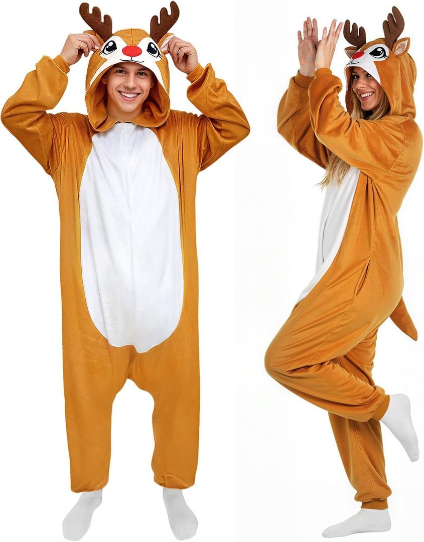 3D Hooded Animal Onesie Costume for Adults - Christmas Xmas Holiday Festival Cosplay One-Piece Pajamas (Small, Reindeer)