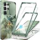 GVIEWIN for Samsung Galaxy S25 Ultra Case, [Slide Camera Cover & Built-in HD Screen Protector] [2 Front Frames] Shockproof Military Grade Protective Marble Phone Case 6.9" (Desert Dream/Green)