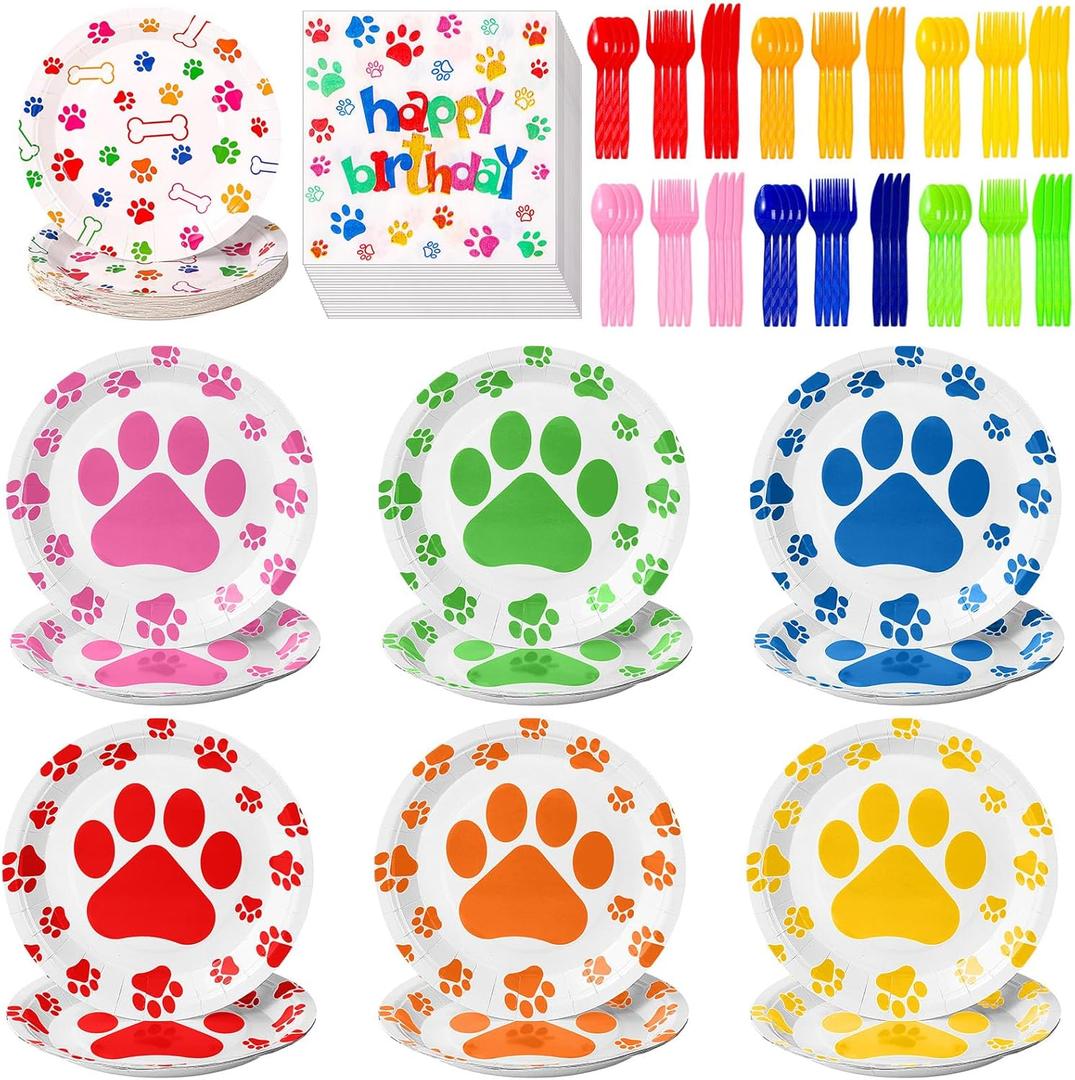 Gejoy 96pcs Dog Birthday Party Decorations Set Include Dog Print Plates Knives Forks Spoons Napkins Puppy Paw Tableware for Puppy Theme Party Supplies Kit(Bright Color)