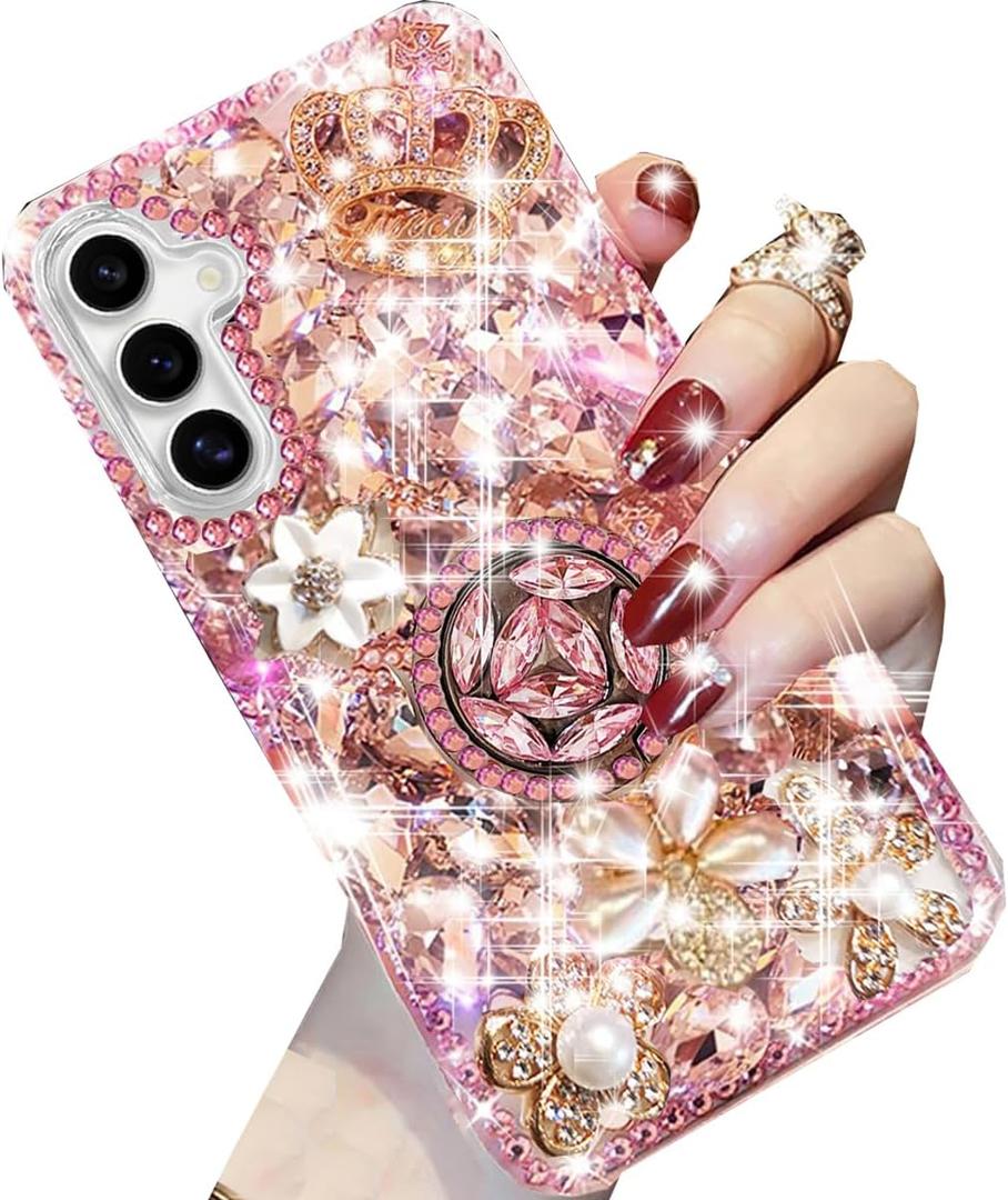 Changjia for Samsung Galaxy S25 Glitter Case with Ring Holder,Cute Luxury 3D Crown Bling Sparkle Crystal Rhinestones Flowers Diamond Pearl Stunning Gemstones Women Girls Case for Galaxy S25 6.2",Pink