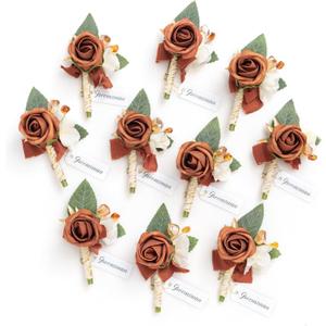 Ling's moment Boutonniere for Men, 10pcs Groomsmen Guest Boutonniere with Built-in Pins, Artificial Flowers for Wedding Dcor/Prom/Homecoming,etc.Fall Terracotta Orange