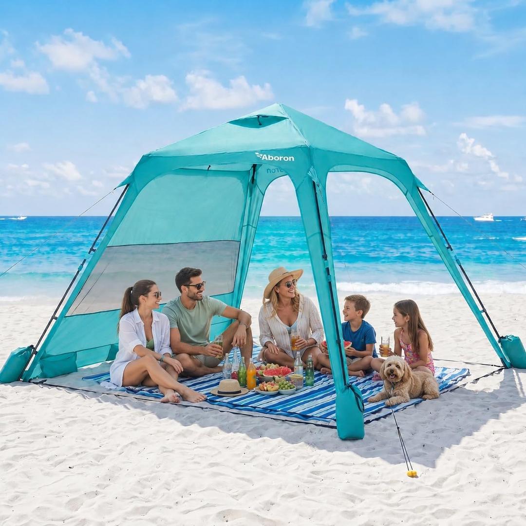10x10 Beach Canopy with Side Wall, UPF 50+ Sun Shelter, Green | Removable side wall, UPF 50+ sun protection, easy setup, wind-resistant support, sandbags and carry bag.