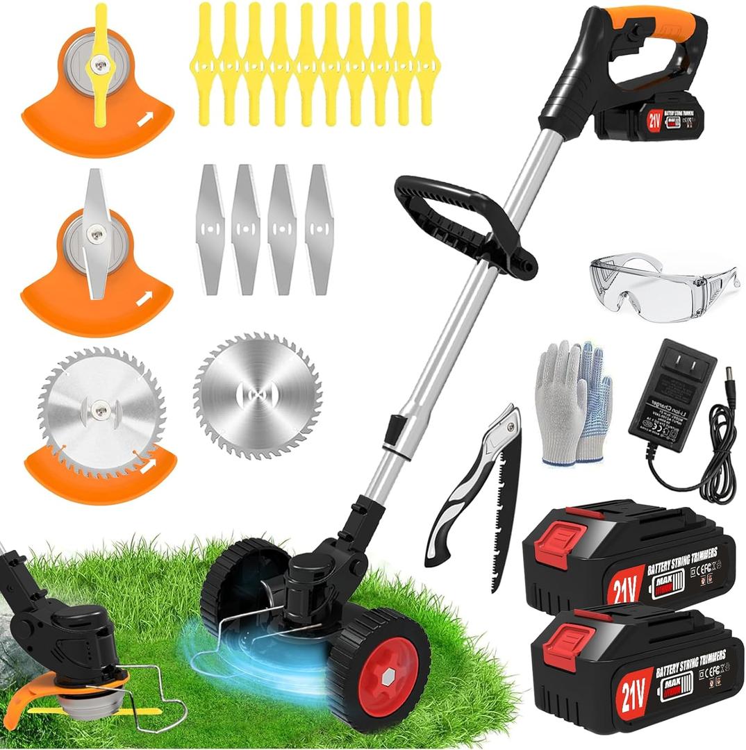 Electric Weed Wacker Cordless Eater Battery Powered, 21V Lightweight No-String Weed Trimmer with 2 Battery Operated & Wheels, 3 in 1 Stringless Grass Trimmer/Edger/Brush Cutter for Garden Yard Lawn