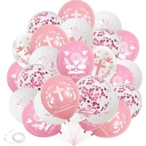 First Holy Communion Balloons Decorations - Pink First Communion Balloon Set with Cross Dove and Confetti Balloons, Christening Baptism Confirmation Party Supplies