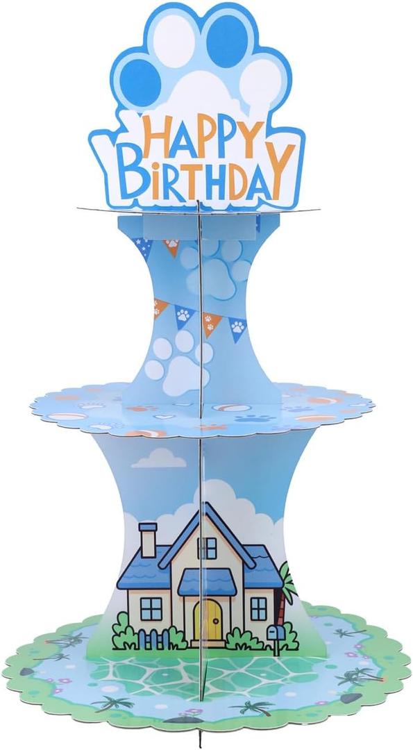 SAVITA 3-Tier Cartoon Dog Birthday Cupcake Stand, Blue Cardboard Cupcake Holder Blue Bday Party Supplies Cute Cupcakes Dessert Stand for Birthday Parties Baby Shower