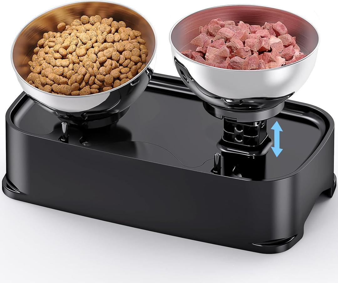 Elevated Cat Bowls, 15 Tilted in Both Way & 4 Height Adjustable Raised Cat Food Bowl, Cats Dish for Food and Water with 2 Stainless Steel Bowls, Anti Vomiting for Cats Puppy, Non-Slip No Spill (Black)