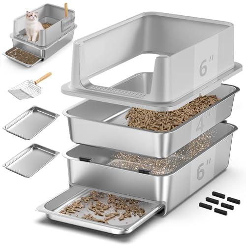 23.6x16x12'' Sifting Litter Box with 2 Drawers, Stainless Steel Drawer Litter Box with 6'' Lid & Metal Scoop, XL Cat Litter Tray, Odor-Control & Saves Clean Time, Fits Most Cats