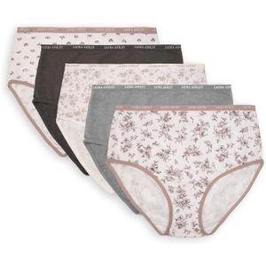 Laura Ashley Women's Cotton Brief Underwear Set, High-Waisted Panties for Women, 5-Pack (Steel Floral/Md Heather Grey/Steel Floral/Smokey Taupe/Steel Pea)