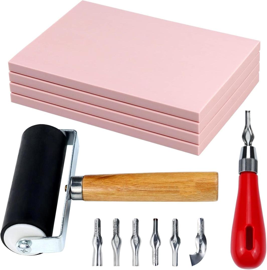 Linocut Kit for Printmaking & Stamp Carving - 4Pcs 4"x6" Soft Rubber Linoleum Blocks with Brayer Roller & Carving Tools | Beginner & Artist Block Printing Craft Supplies