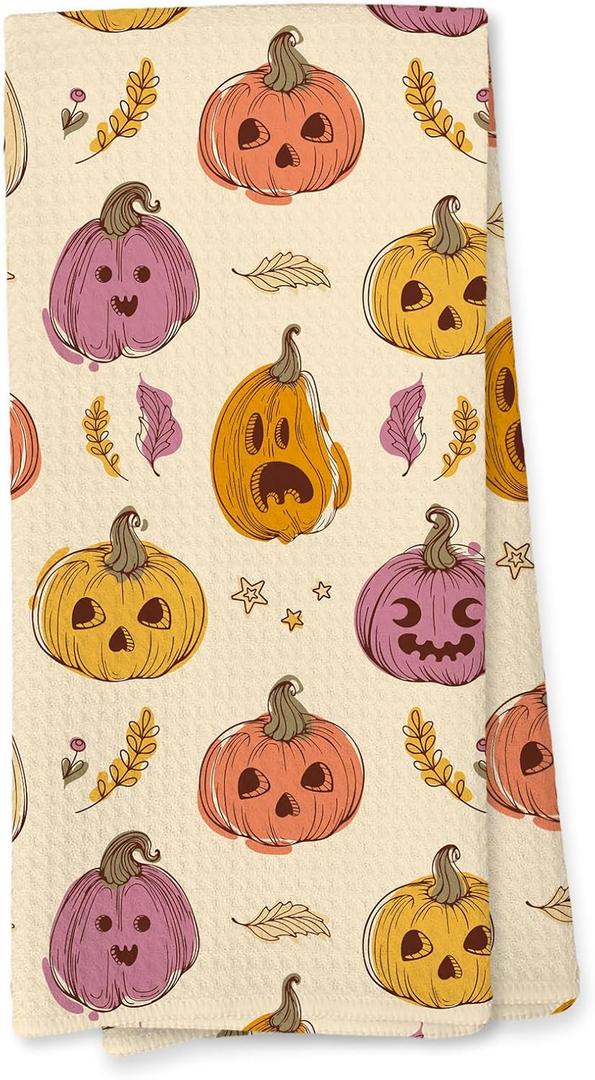 Giosve Halloween Pumpkin Kitchen Towels, Farmhouse Fall Spooky Pumpkin Botanical Decorative Hand Towels for Bathroom, Halloween Dish Tea Towel for Kitchen Decor, 16x24 Inch