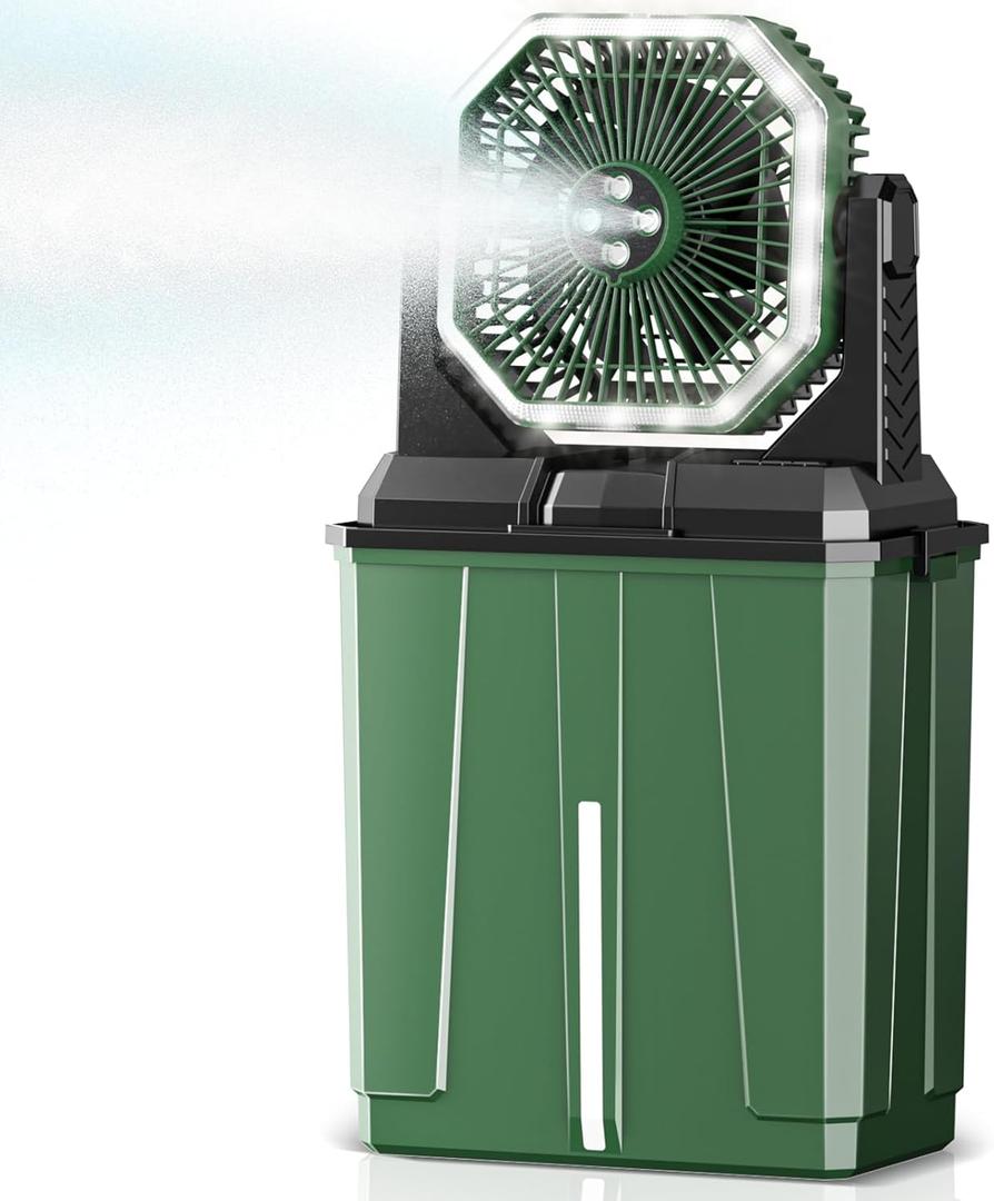 Coolice Camping Bucket Misting Fan 8L Water Tank, 24000mAh Outdoor Misting Fan with 2 Spray Modes & 3 Speeds, 3-speed LED lights Floor Cooling Fans, Portable Camping Fans for Garden, Patio, Worksite (Green)