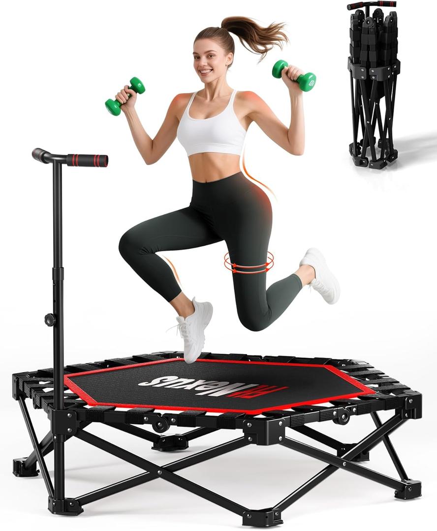 42" Foldable Mini Trampoline- 450lb Capacity Fitness Rebounder w/3-Level Adjustable T-Bar, Adults Workout Trampoline, Non-Slip Pad | Foldable Design for Home/Gym