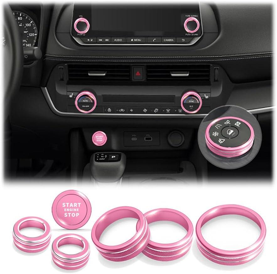Polodunn for 2026 2025 2024 2023 2022 2021 Nissan Rogue Accessories with 8" Screen, 7pcs Aluminum Alloy Trim Set - A/C, Volume Tune & 4WD Knob Cover, Push Start Button Cover/Ring (Pink)