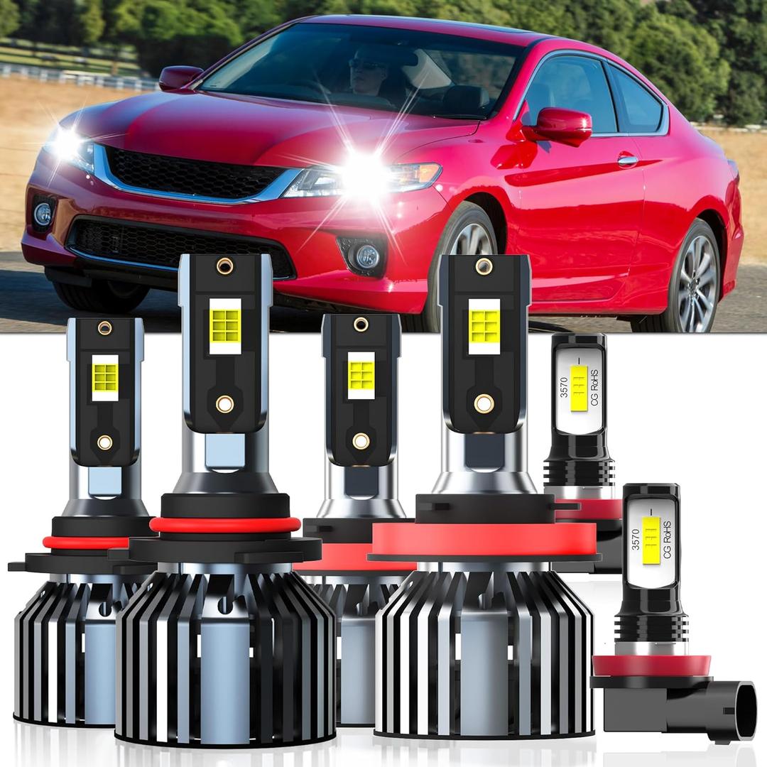 Lights Fit For Honda Accord 2008-2012 Coupe & 2013-2015, 9005 High Beam H11 Low Beam H11 Fog Light Bulbs, High Power 6500K White Light, Pack of 6
