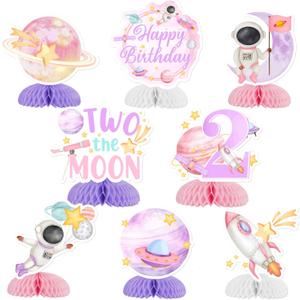 Jollyboom Two The Moon Birthday Decorations Honeycomb Centerpiece, Outer Space Happy Birthday Honeycomb Centerpiece Table Decoration Pink Planet for Girl Galaxy Solar System Space Theme 2nd Birthday