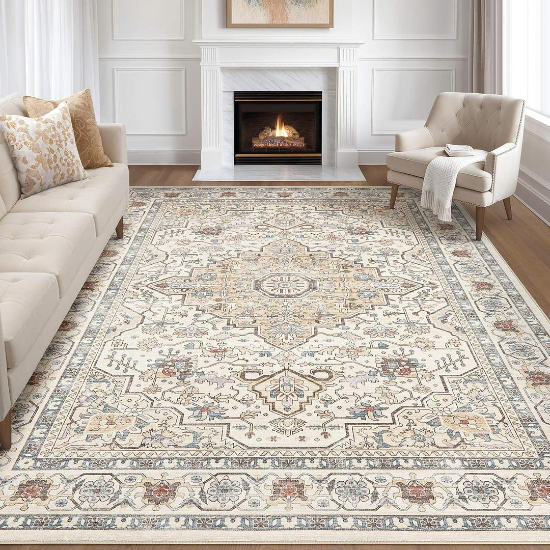 9x12 Area Rug Living Room: Washable Boho Large Neutral Vintage Soft Rugs Stain Resistant Farmhouse Non Slip Indoor Floor Carpet for Bedroom Nursery Kids Playroom Office Dining Room- Cream Blue