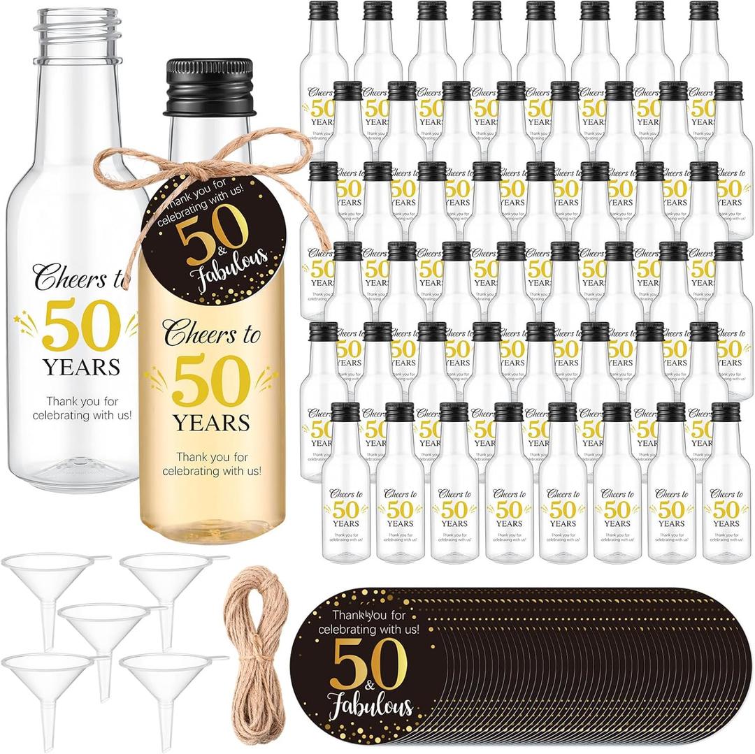 50 Sets 50th Birthday Party Favors for Guests Include 1.7 oz Mini Liquor Bottles and Thank You Cards Cheers to 50 Years Alcohol Shot Bottles with 5 Funnel for Birthday Anniversary Favors (Black)