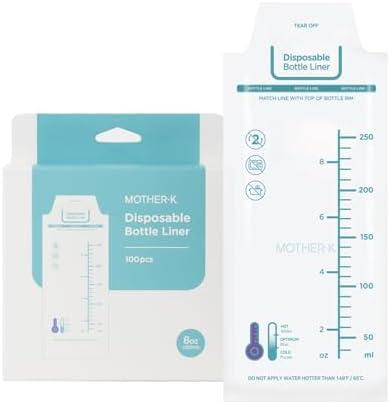 MOTHER-K Disposable Baby Bottle Liner, Must-Have Baby Travel Essentials, BPA Free (8oz, 100pcs)