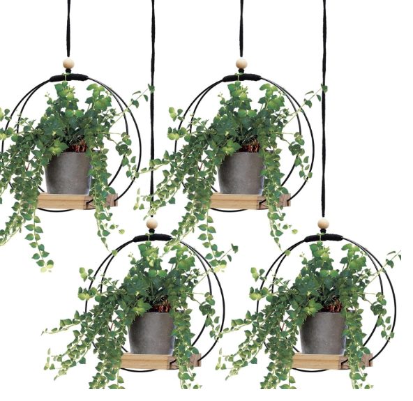 Geelin 4 Pack Plant Hanger with Wood Base Hanging Window Planter Boho Macrame Hanging Potted Plant Holders for Indoor Outdoor Window Wall Ceiling Home Decoration, Pot & Sapling Not Included (Khaki)